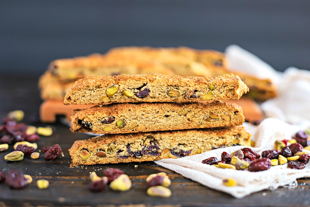 gluten free biscotti with dried cranberries and pistachios on a table