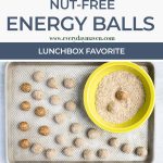 long collage of images showing how to make energy balls and pack them in a lunchbox